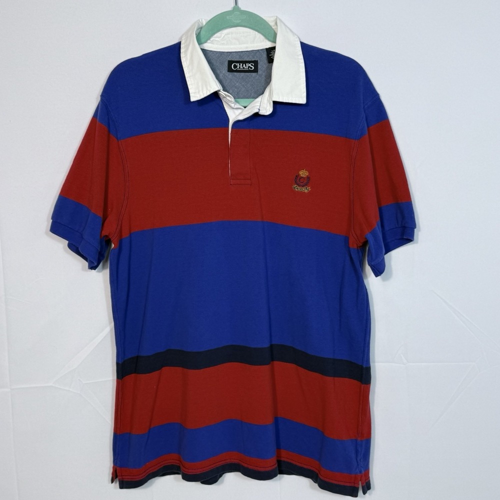 Chaps Short Sleeve Polo Shirt Mens L Blue Red Preppy Patriotic Crest Colorblock